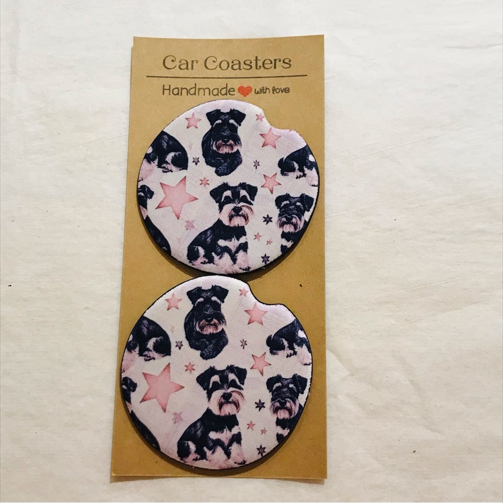 Handmade Miniature Schnauzer and Star Print Neoprene Car Coasters Set